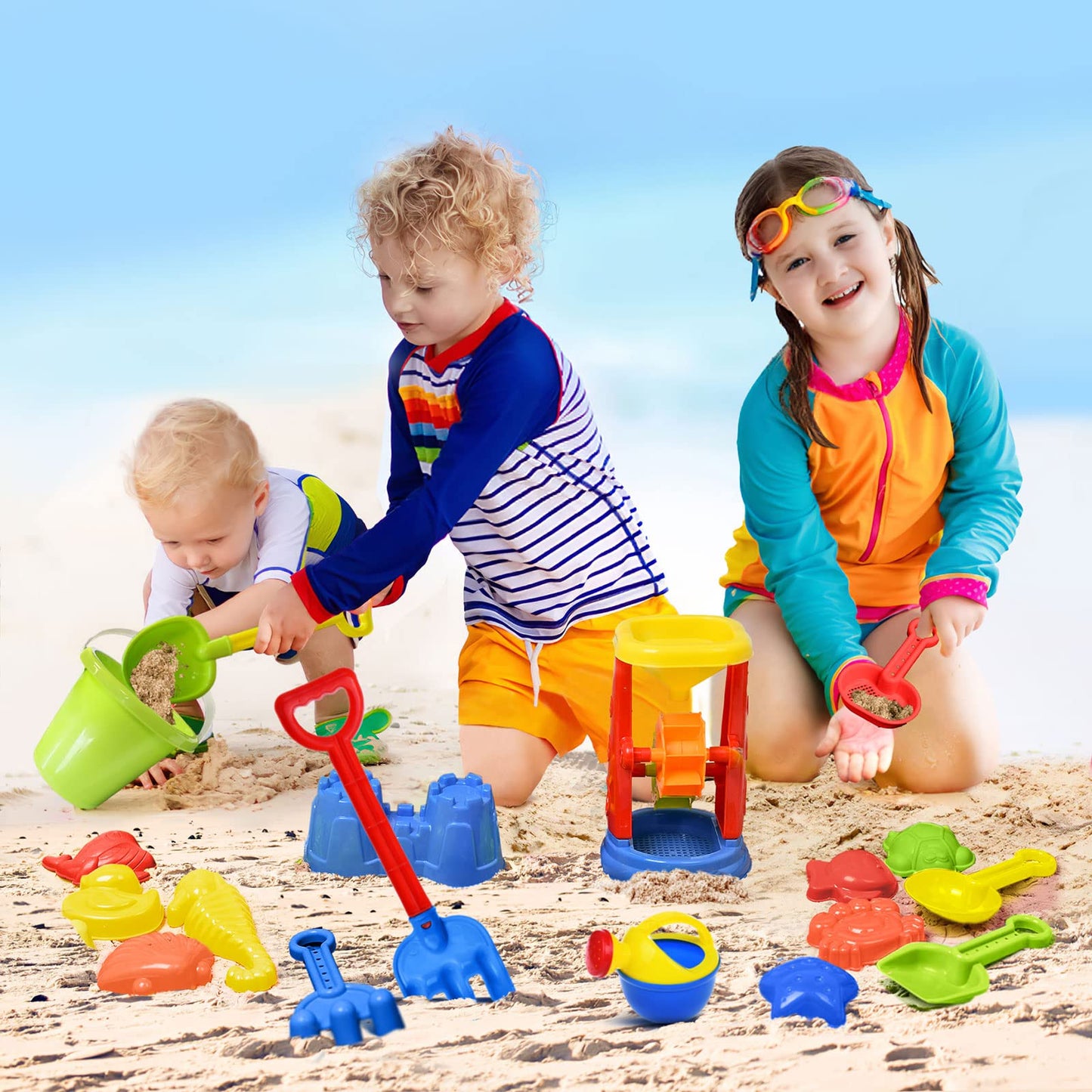 Sand Toys, 19 Piece Beach Toys Set Kids Sandbox Toys Includes Water Wheel Beach Tool Kit Bucket Watering Can Molds Snow Toys Mesh Bag for Travel, Sand Toys for Kids Ages 3-13