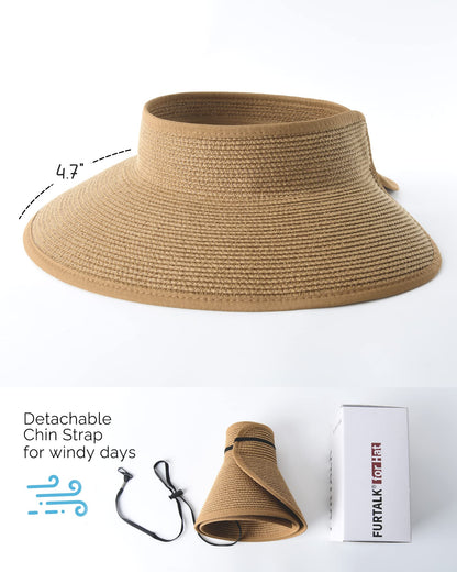 FURTALK Sun Visor Hats for Women Wide Brim Straw Roll-Up Ponytail Summer Beach Hat UV UPF Packable Foldable Travel