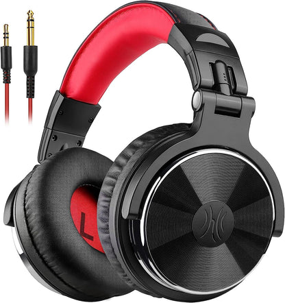 OneOdio Over Ear Headphone, Wired Bass Headsets with 50mm Driver, Foldable Lightweight Headphones with Shareport and Mic for Recording Monitoring Podcast Guitar PC TV - (Red)