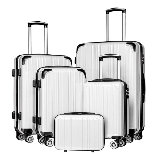 Coolife Luggage Expandable 5 Piece Sets PC+ABS Spinner Suitcase 20 inch 24 inch 28 inch (white grid new)