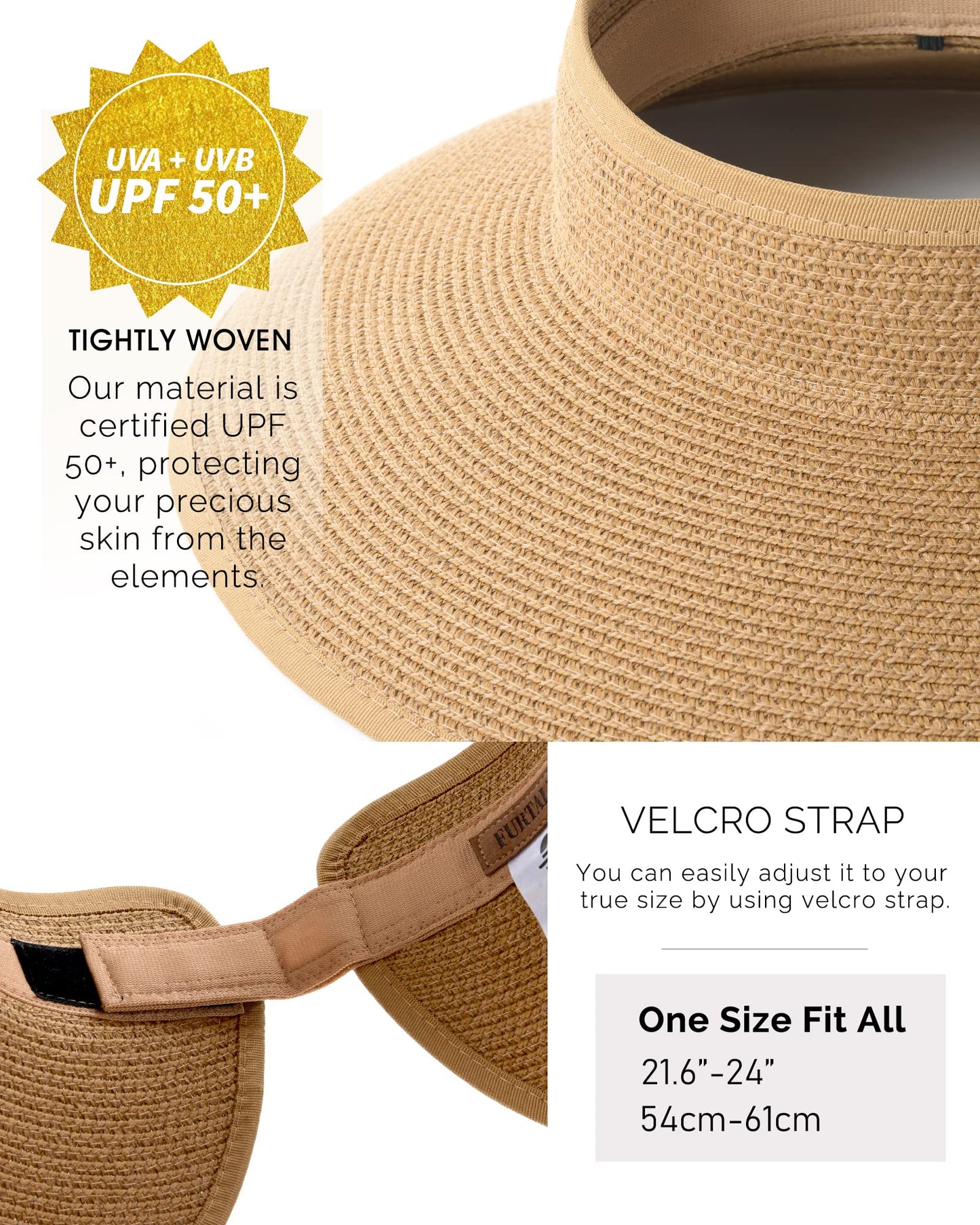 FURTALK Sun Visor Hats for Women Wide Brim Straw Roll-Up Ponytail Summer Beach Hat UV UPF Packable Foldable Travel