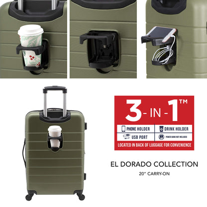 Wrangler Smart Luggage Set with Cup Holder and USB Port, Olive Green, 20-Inch Carry-On